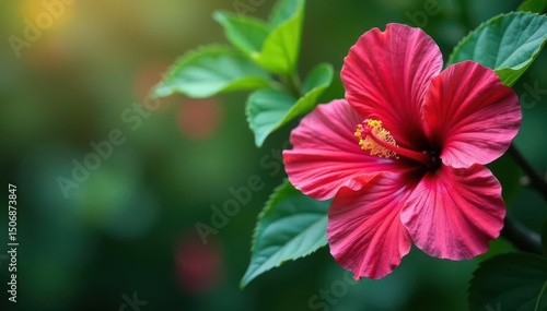 Intricate hibiscus blossoms, vibrant hues, lush leaves , flora, design