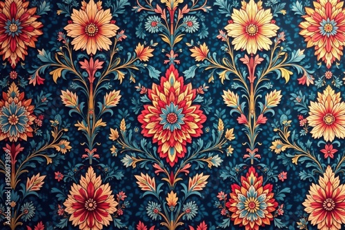 Intricate floral damask textile, repeating motif , intricate design, sophisticated