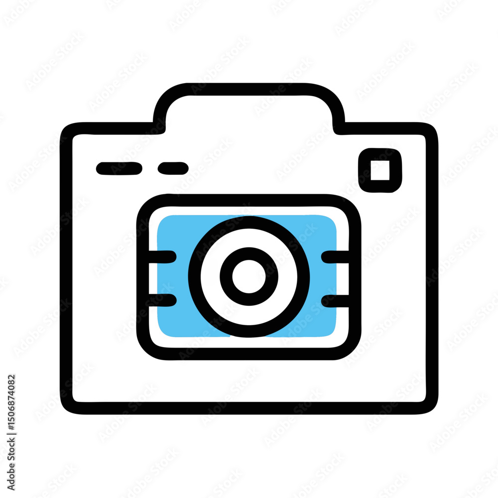 Stylized black camera icon with light blue lens detail Stylized black camera icon with light blue lens detail