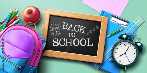 back to school text word drawn blackboard and education objects around it. back to school concept banner,background and advertising template vector illustration.