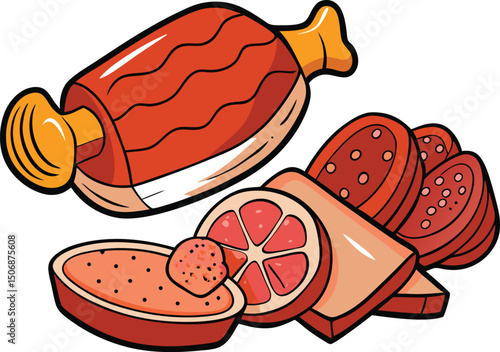 Vector illustration of eid-ul-adha meat cuts sausages lemon cut and bread red food digital illustration. 