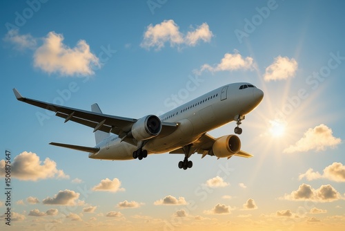 Wallpaper Mural Majestic Passenger Airplane Soaring Through Clear Blue Sky Fluffy White Clouds Golden Sun Rays on Wings Aviation Beauty Freedom Travel Concept Photography Torontodigital.ca