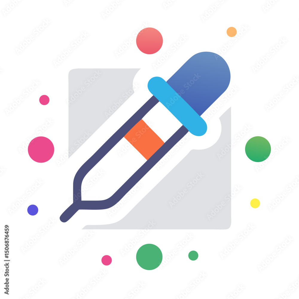 Stylized pipette illustration surrounded by vibrant color circles Stylized pipette illustration surrounded by vibrant color circles