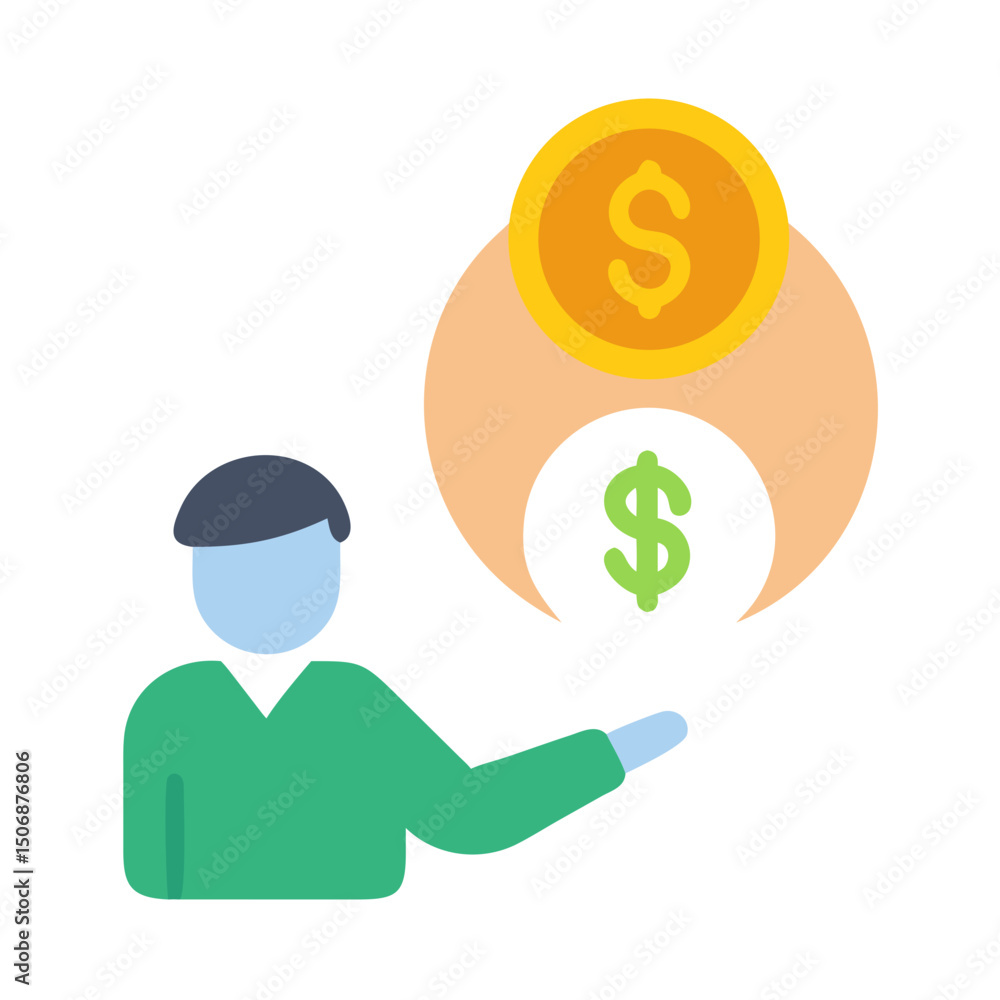Flat vector illustration of person explaining money and investments Flat vector illustration of person explaining money and investments
