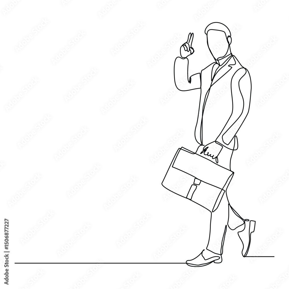Continuous line drawing of happy young business man holding briefcase suitcase money case. Single one line art of office worker. Vector illustration Continuous line drawing of happy young business man holding briefcase suitcase money case. Single one line art of office worker. Vector illustration