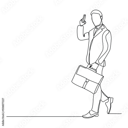 Continuous line drawing of happy young business man holding briefcase suitcase money case. Single one line art of office worker. Vector illustration