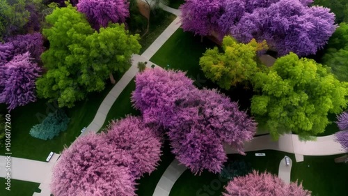 Aerial view of a park with purple and green trees and winding white paths