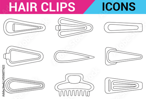 Beauty Accessory Icons, Hair Claw Clips with Simple Line Art Illustrations