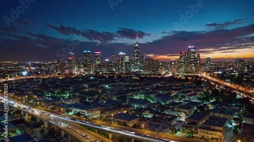 A stunning urban cityscape at night showing a timelapse of bright city lights