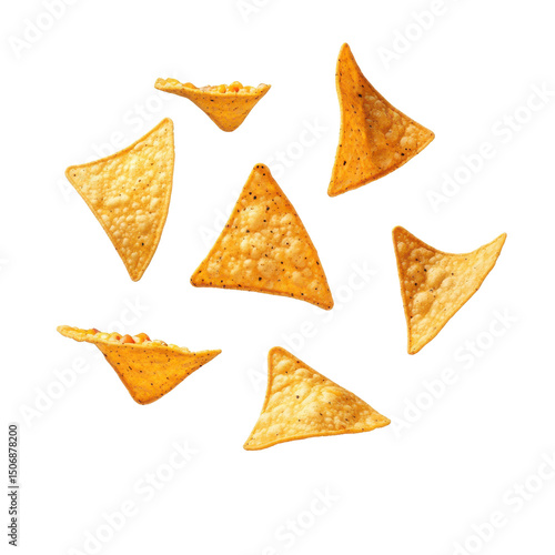 Nachos png flying tortilla chips png Mexican snack png solid white background image