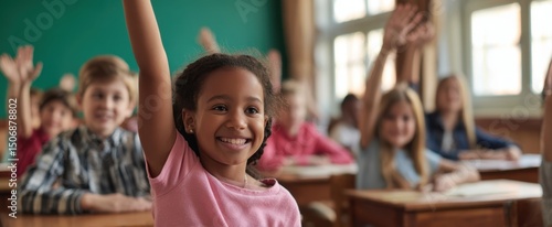 The enthusiastic student raising her hand during a classroom lesson.