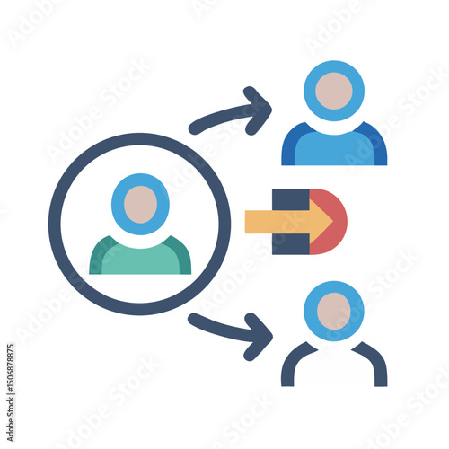 Circular person icon influencing other people with arrow directions