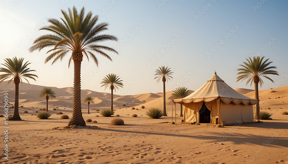 Serene Desert Oasis Palm Trees and a Traditional Tent Under the Golden Sun Serene Desert Oasis Palm Trees and a Traditional Tent Under the Golden Sun