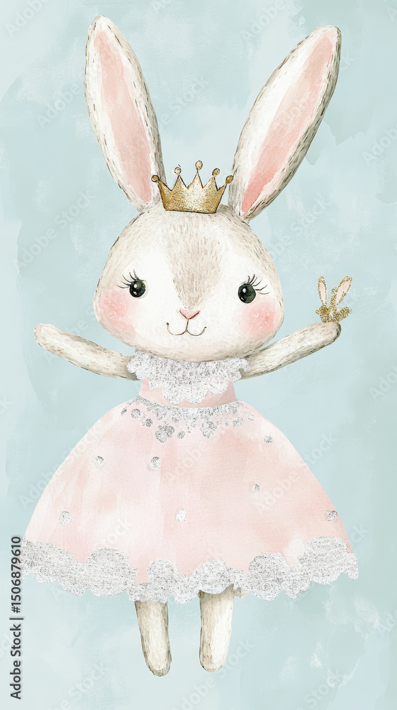 Obraz premium Princess Bunny in a Pink Dress. A watercolor illustration depicts a charming princess bunny with a crown and a tiny bunny in her hand, dressed in an elegant pink dress.