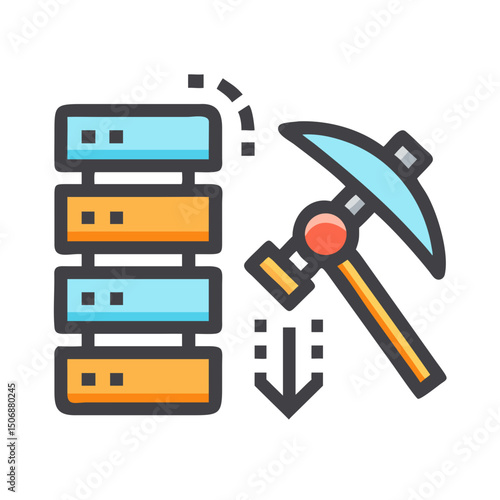 Data mining server concept with pickaxe on White Background
