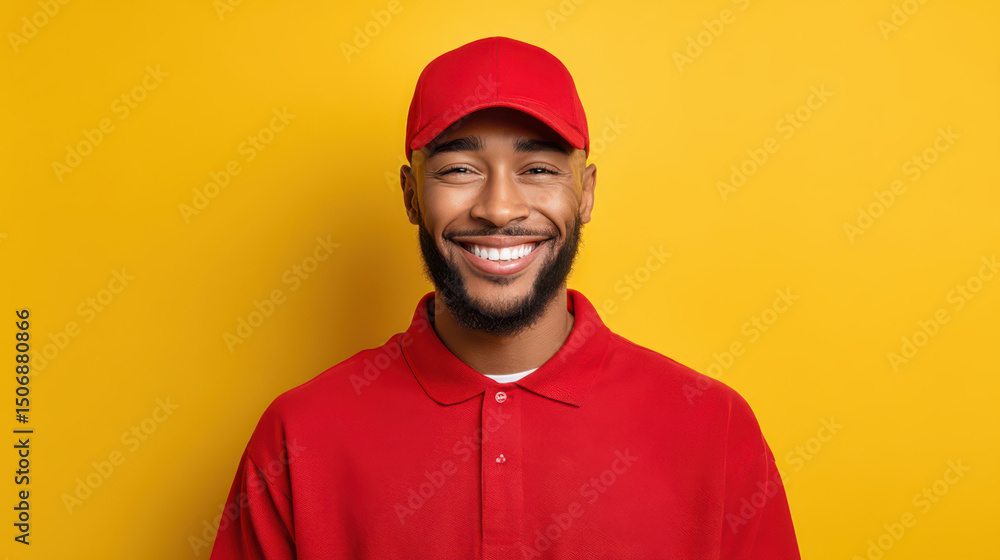 Cheerful Man in Red Outfit on Yellow Background: A close-up shot of a cheerful man wearing a red hat and polo shirt, his bright smile radiating positivity against a yellow backdrop. Cheerful Man in Red Outfit on Yellow Background: A close-up shot of a cheerful man wearing a red hat and polo shirt, his bright smile radiating positivity against a yellow backdrop.