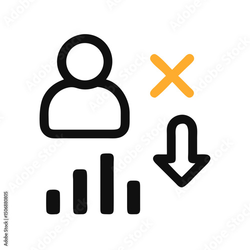 Declining performance icon: person, bars, arrow, and cross