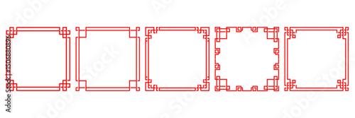 Set of traditional Asian square frames in red. Vector line art with classic ornamental designs. Perfect for borders, invitations, decorations, or cultural graphic elements.