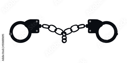 Handcuffs isolated on a white background showing metal chains and locks used for security and arrest.Silhouette of Handcuffs with Chain