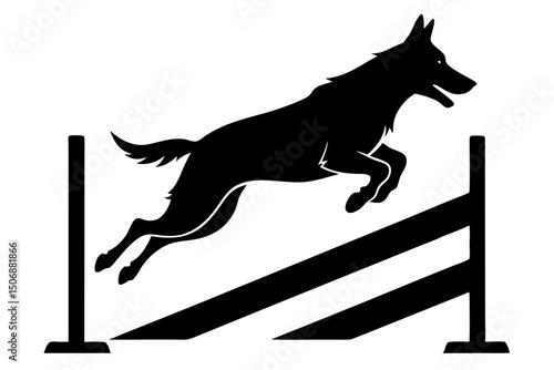 Dog Agility Silhouette Jumping Over Hurdle Black and White Graphic
