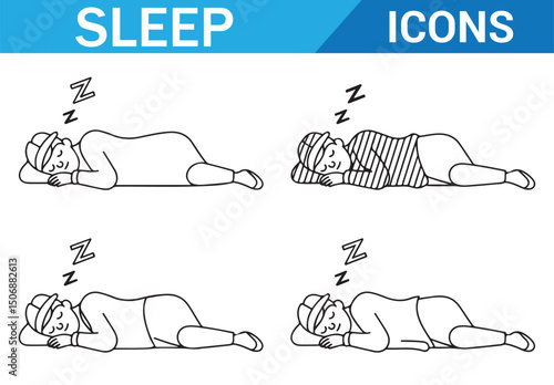 Relaxation and Sleep Icons, Black and White Line Art for Restful Sleep