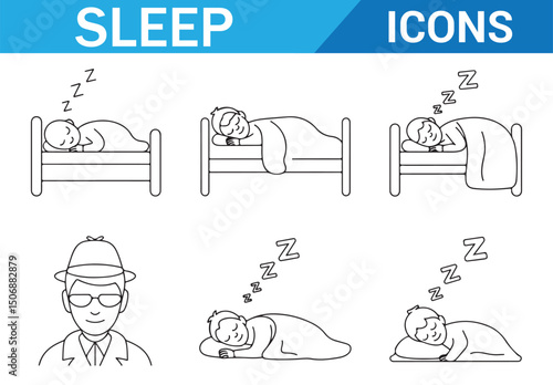 Bedtime Sleep Icons, Hand-Drawn Line Art Illustrations of Sleeping Person