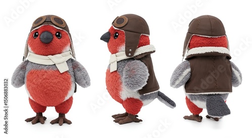 Cute plush toy robin bird dressed as an aviator pilot with hat goggles and scarf from three angles