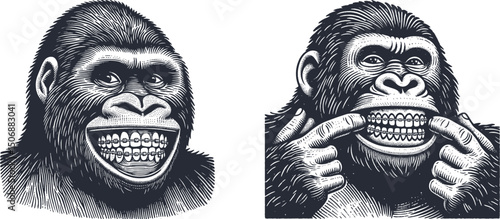 Engraving Style Illustration of a Smiling Gorilla with Braces – Woodcut Animal Design, Retro Hand-Drawn Primate Artwork, Quirky Monkey Face, Unique Line Art Print