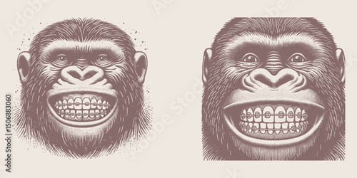 Vintage Engraving Style Smiling Gorilla with Braces – Retro Color Woodcut Illustration of a Cheerful Primate in Classic Print Design