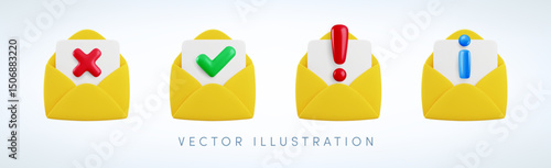 Vector cartoon 3d Email error, info and approved icon set. 3d render open yellow envelope with exclamation mark, tick, cross, information signs. Electronic mail delivery symbol collection for web, app