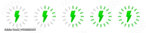 Vector cartoon 3d battery charge level indicator icon set. Realistic render green lightning and circle energy level bar. Charging status round diagram collection, battery capacity from empty to full.