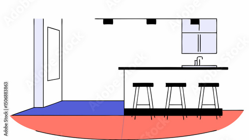 3D modern kitchen design featuring sleek countertop, bar stools, and minimalist cabinetry, creating stylish and functional space