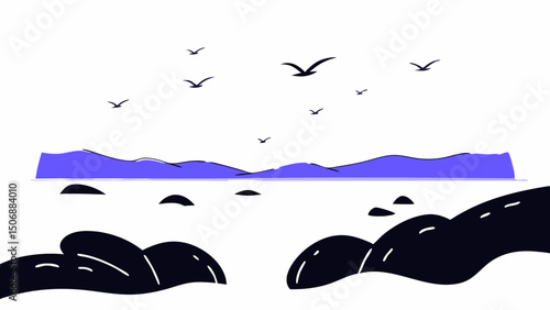 serene illustration of rocky beach with birds flying over ocean and distant mountains in background, evoking tranquility