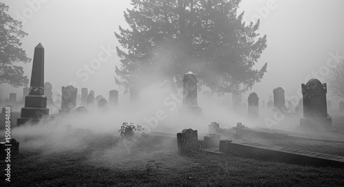 Misty Graveyard Landscape In Black And White
