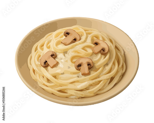Vector illustration of fettuccine Alfredo pasta with creamy sauce and mushrooms. Classic Italian dish. Isolated on white background.