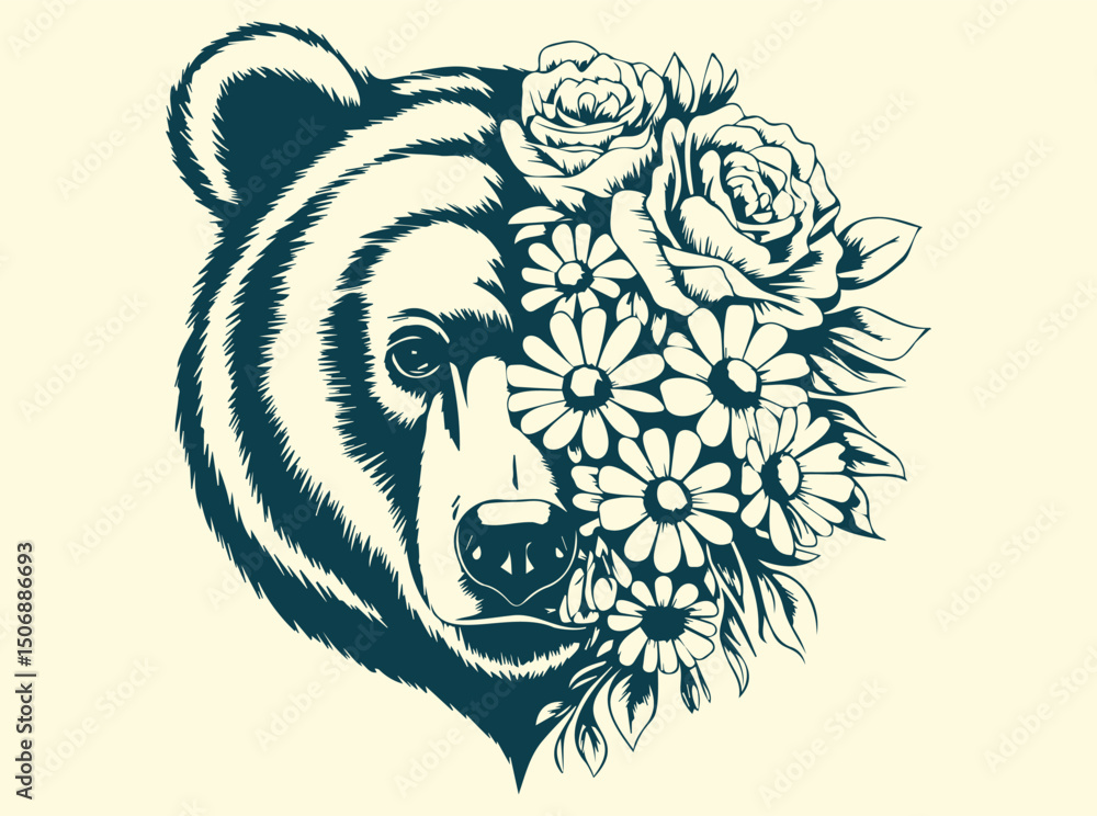 Obraz premium Artistic Bear Head with Floral Design Line art Silhouette Vector Illustration Nature and Wildlife Lovers, Ideal for T-shirt, Wall art, Tattoos, and Decorative Artwork.