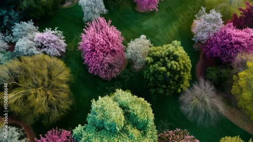 Aerial view showcasing a vibrant landscape of colorful trees and green grass