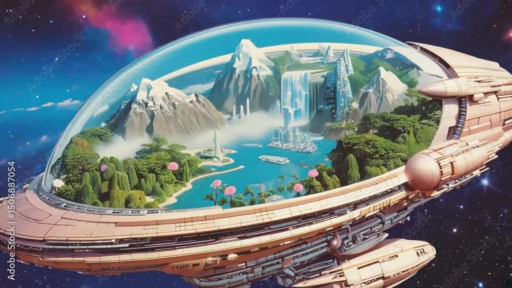 Floating glass dome spaceship reveals serene landscape inside. Retro Cutout Collage Style