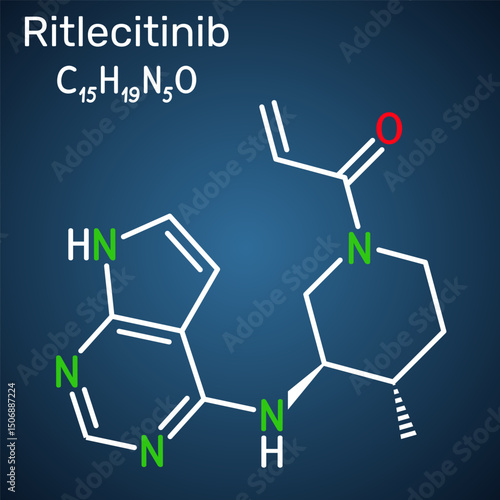 Ritlecitinib molecule. JAK3/TEC inhibitor used in treatment of alopecia areata. Dark blue background