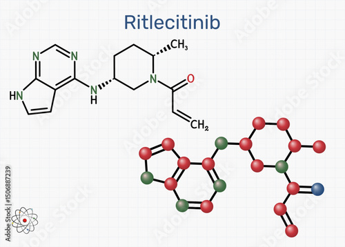 Ritlecitinib molecule. JAK3/TEC inhibitor used in treatment of alopecia areata. Sheet of paper in a cage