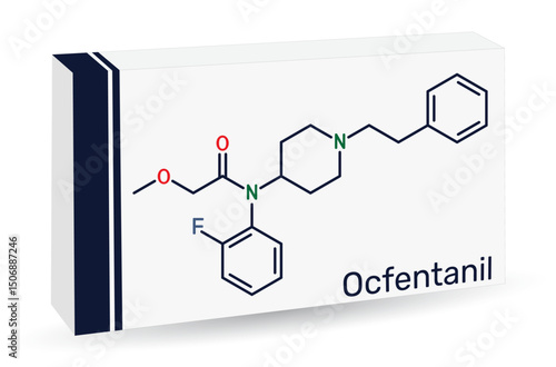 Ocfentanil molecule. Synthetic opioid analgesic structurally related to fentanyl. Skeletal chemical formula. Paper packaging for drugs