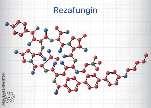 Rezafungin molecule. Antifungal cyclic lipopeptide from echinocandin class. Sheet of paper in a cage.