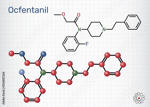Ocfentanil molecule. Synthetic opioid analgesic structurally related to fentanyl. Sheet of paper in a cage