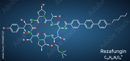 Rezafungin molecule. Antifungal cyclic lipopeptide from echinocandin class. Dark blue background