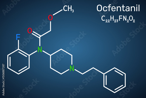 Ocfentanil molecule. Synthetic opioid analgesic structurally related to fentanyl. Dark blue background
