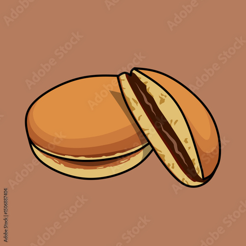 Dorayaki vector illustration, Two pieces of japanese dorayaki pancake vector Illustration in simple outline shading style with handcrafted details