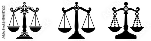 Justice Scales Icon Set – Black Legal Balance Symbol Collection