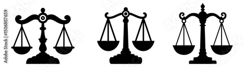 Justice Scales Icon Set – Black Legal Balance Symbol Collection