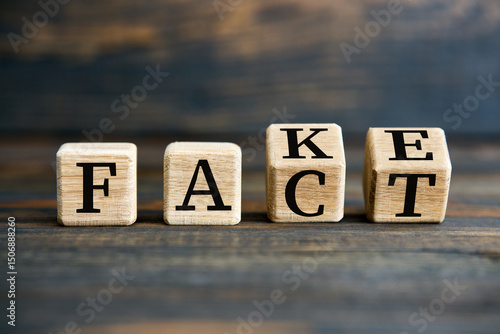 Flipping wooden cube blocks with FAKE to FACT text on wooden background