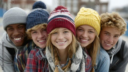Youthful Harmony: A group of smiling, diverse teenagers wearing beanies, embody the essence of friendship and youthful energy, captured in a warm and inviting portrait.